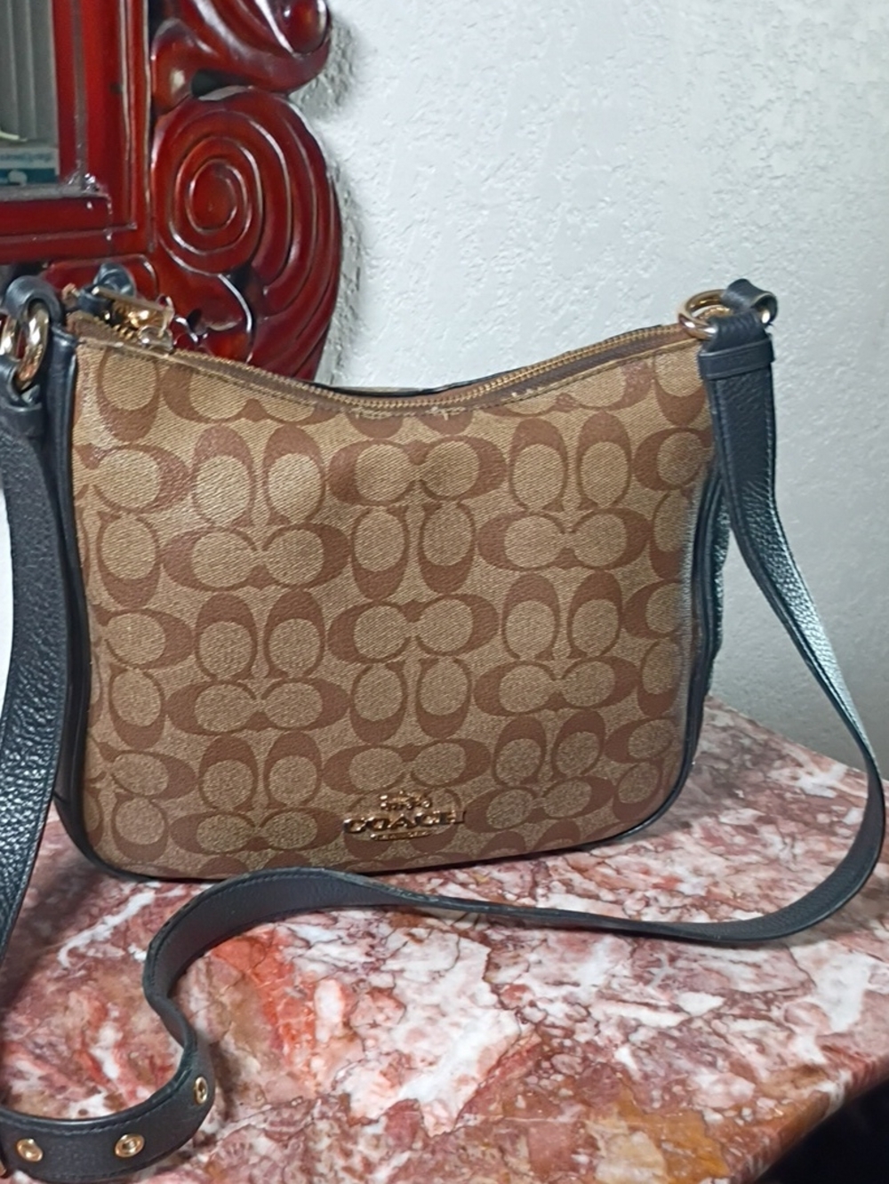 Coach Brown Signature Canvas Crossbody with Black Trim